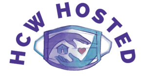 HCW Hosted logo: sketch of a mask with two hands holding a house and a heart